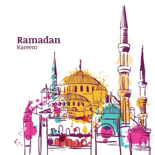 Ramadan Kareem holiday design. Watercolor sketch illustration of mosque. Vector ramadan holiday watercolor background. — Image vectorielle