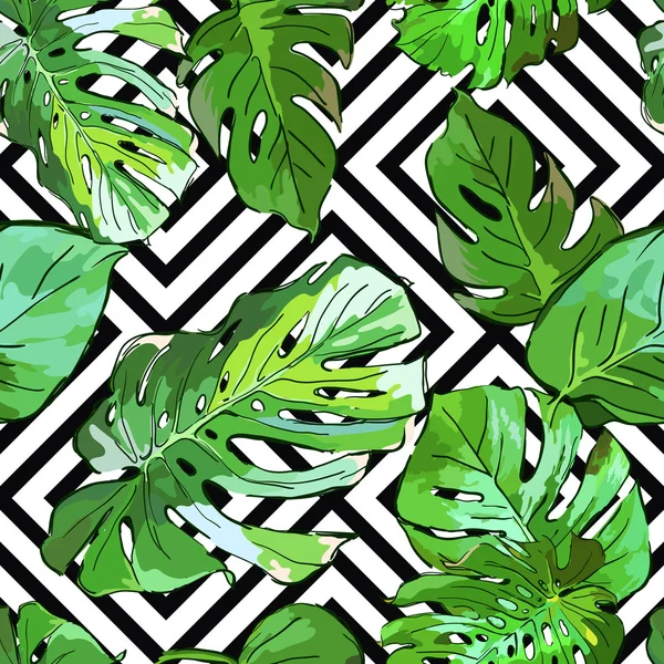 Green palm tree leaves on black and white geometric background. Vector summer seamless pattern. — Image vectorielle