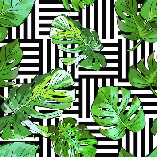 Green palm tree leaves on black and white geometric background. Vector summer seamless pattern. —  Vetores de Stock