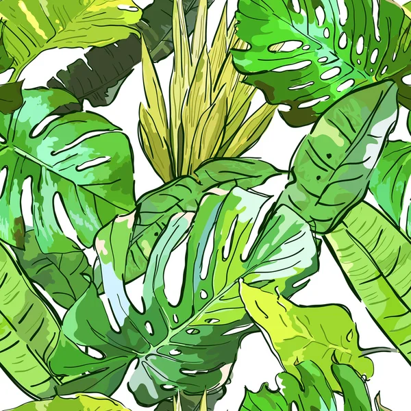 Green jungle vector seamless pattern. Summer background with hand drawn tropical palm tree leaves. — Vector de stock