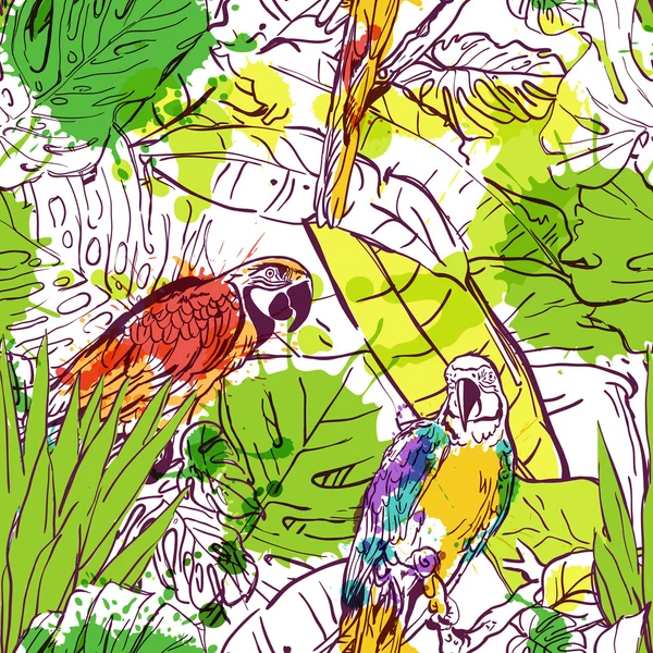 Vector seamless pattern with tropical parrot birds and palm leaves. Watercolor summer time illustration of jungle. — Image vectorielle