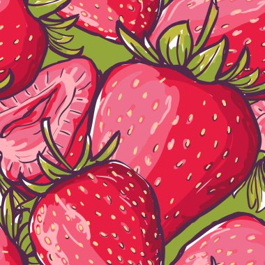 Vektör yakın çekim kırmızı çilek ile seamless modeli. Renkli yaz meyveleri ile arka plan. Tasarım kumaş, tekstil baskı, ambalaj kağıdı için. Sağlıklı gıda illüstrasyon.