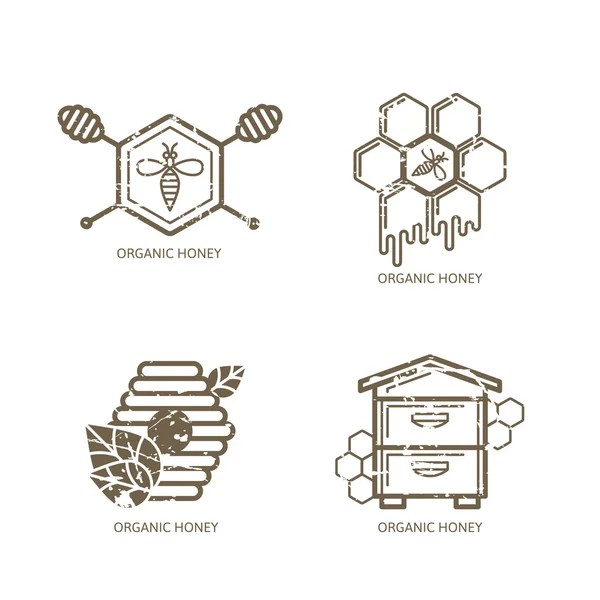 Ensemble d’étiquette miel vector, logo, balise, éléments de conception autocollant. Abeille, ruche, nids d’abeille et le miel Ourse contour illustration avec texture amovible grunge. Concept pour le paquet de miel, bannière, habillage. — Image vectorielle
