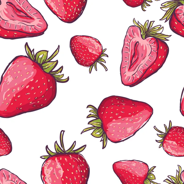 Vector seamless pattern with red strawberries. Hand draw colorful summer background with berries. Design for fabric, textile print, wrapping paper. Healthy food illustration. — Stock Vector