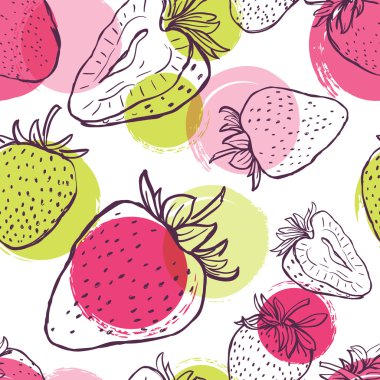 Vector seamless pattern with strawberries and colorful watercolor blots. Hand draw background with black and white linear berries. Design for fabric, textile print, wrapping paper. 