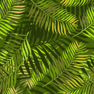 Vector seamless pattern with palm leaves. Design for fashion textile summer print, wrapping paper, web backgrounds.  Hand drawn tropical palm leaves background. Green jungle summer backdrop.