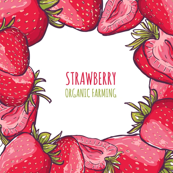 Vector frame with red strawberries on white background. Summer background with illustration of organic farm berries. Design for banner, poster, invitation or greeting card, labels or packages. - Stok Vektor