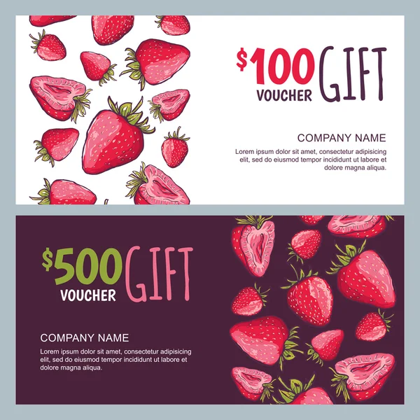 Vector gift voucher, summer design with red strawberries. Business card template. Berries background. Design concept for beauty salon, market, flyer, gift coupon, invitation, banner design. — Stockvektor