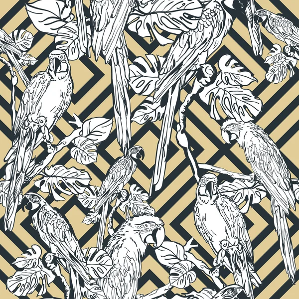 Vector seamless pattern with tropical parrots. White birds on beige and black geometric striped background. Hand drawn illustration. Design for fashion textile summer prints, decoration or wrapping. — Vettoriale Stock