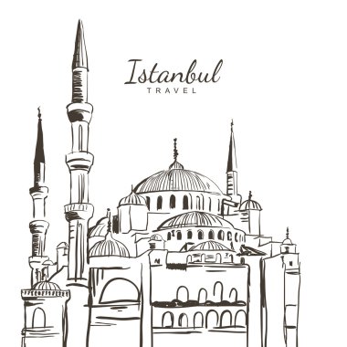Vector hand drawn sketch illustration of Blue Mosque, Sultanahmet Camii. Istanbul architecture and landmarks, isolated on white background. Design concept for travel around Turkey.