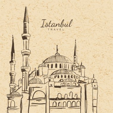 Vector illustration of Blue Mosque on vintage paper background. Sultanahmet Camii hand drawn sketch. Istanbul architecture and landmarks. Design concept for travel around Turkey.