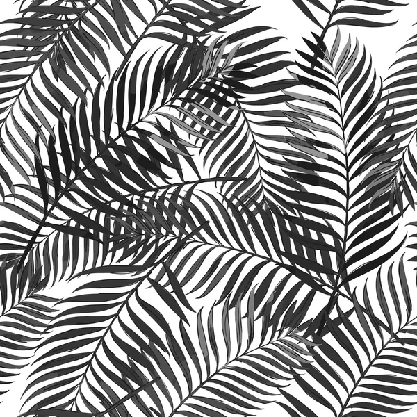 Vector summer seamless pattern with palm leaves. Design for fashion textile summer print, wrapping paper, web backgrounds.  Hand drawn tropical palm leaves, black and white background. — Stock vektor