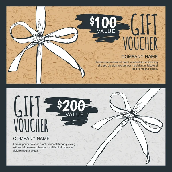 Vector gift voucher template with hand drawn bow ribbon and craft paper texture. Vintage cardboard holiday cards. Design concept for gift coupon, invitation, certificate, flyer, banner, ticket. - Stok Vektor