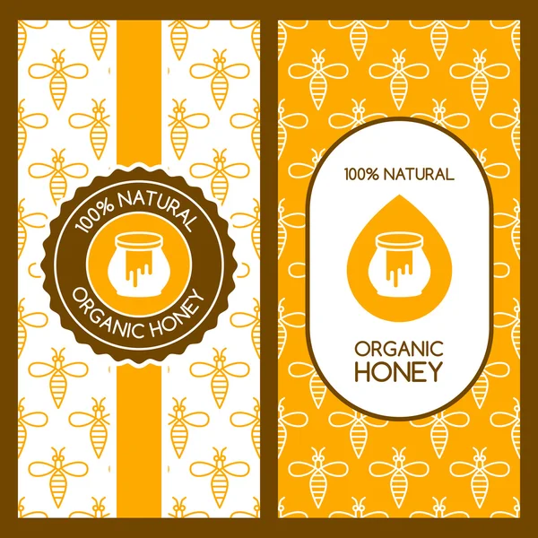 Set of vector honey backgrounds for label, package, banner. Seamless pattern with linear bees. Honey logo design. Concept for organic honey and beekeeping products. — Archivo Imágenes Vectoriales