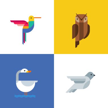 Renkli kuşlar düz logosunun simgeler. Sinek kuşu, baykuş, güvercin ve Kuğu vektör renkli kuşlar çizim kümesi. İzole tasarım öğeleri ve arka planlar. 
