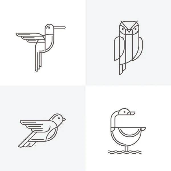 Verzameling van vector lijn kunst logo met vogels. Overzicht illustraties van kolibrie, uil, duif en zwaan. Trendy pictogrammen en ontwerpelementen. — Stockvector