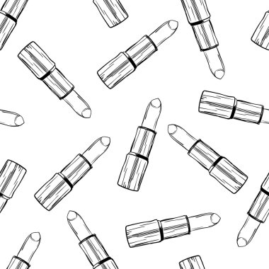 Vector seamless monochrome pattern with hand drawn lipsticks. Doodle cosmetics and beauty illustration. Design for fashion textile print, wrapping, web backgrounds, makeup labels and packages.
