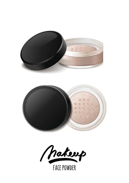 Vector realistic illustration of face tonal powder. Makeup icons set. Top view and side view of face powder jar, isolated on white background. Design concept for cosmetics label, visage and makeup. — Stockový vektor