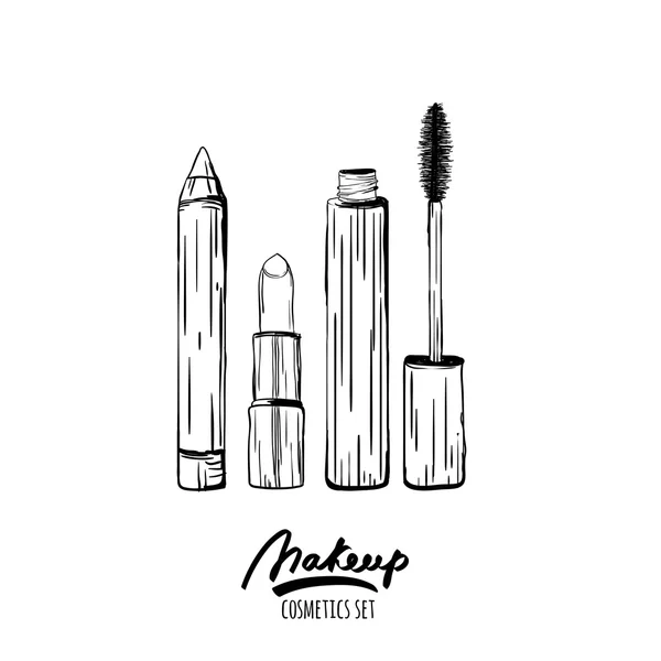 Vector hand drawn monochrome illustration of makeup cosmetics set. Sketch of lipstick, mascara, cosmetic pencils, isolated on white background. Design concept for cosmetics label, visage, makeup. — Stockový vektor