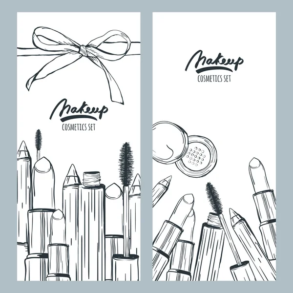 Vector banners or flyers with hand drawn illustration of makeup cosmetics. Sketch of lipstick, mascara, face powder, pencil, isolated on white background. Design concept for cosmetics label, makeup. — Stok Vektör