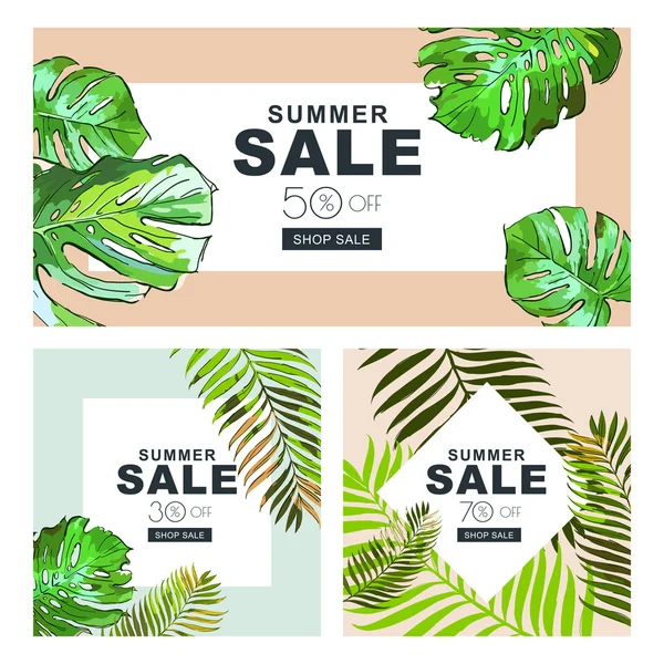 Set of summer sale banners with coconut palm leaves. Vector horizontal and square banners. Summer poster background with frame and green tropical leaves. Discount labels. — Vettoriale Stock