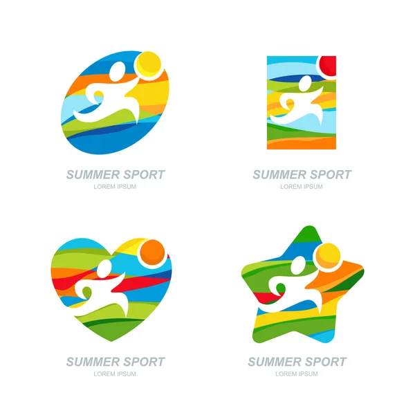 Set of vector summer sport logo, labels, badges, emblems. Human sports icons. Running man on summer landscape background. Concept for outdoor summer games, competition, marathon. Printing design. — Vettoriale Stock