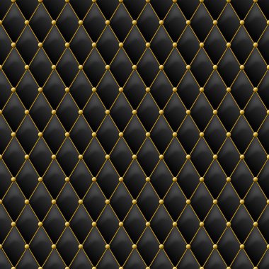 Altın metal detayları ile sorunsuz siyah deri doku. Vektör deri arka plan altın düğmeli. Lüks tekstil tasarımı, iç ve mobilya dekorasyon konsepti.