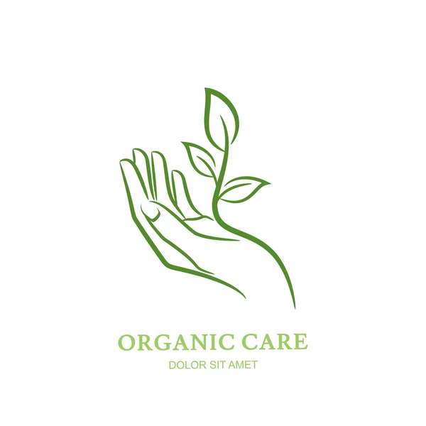 Womens hand with green plant and leaves. Vector logo, label, emblem design elements. Abstract concept for beauty salon, manicure, cosmetic, organic care and spa. Female elegant hand silhouette. - Stok Vektor