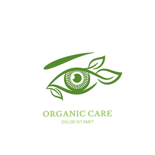 Vector line illustration of human eye with green leaves. Abstract logo, label or emblem design element. Concept for optical, glasses shop, oculist, ophthalmology, makeup. Natural organic eye care. — Stock Vector