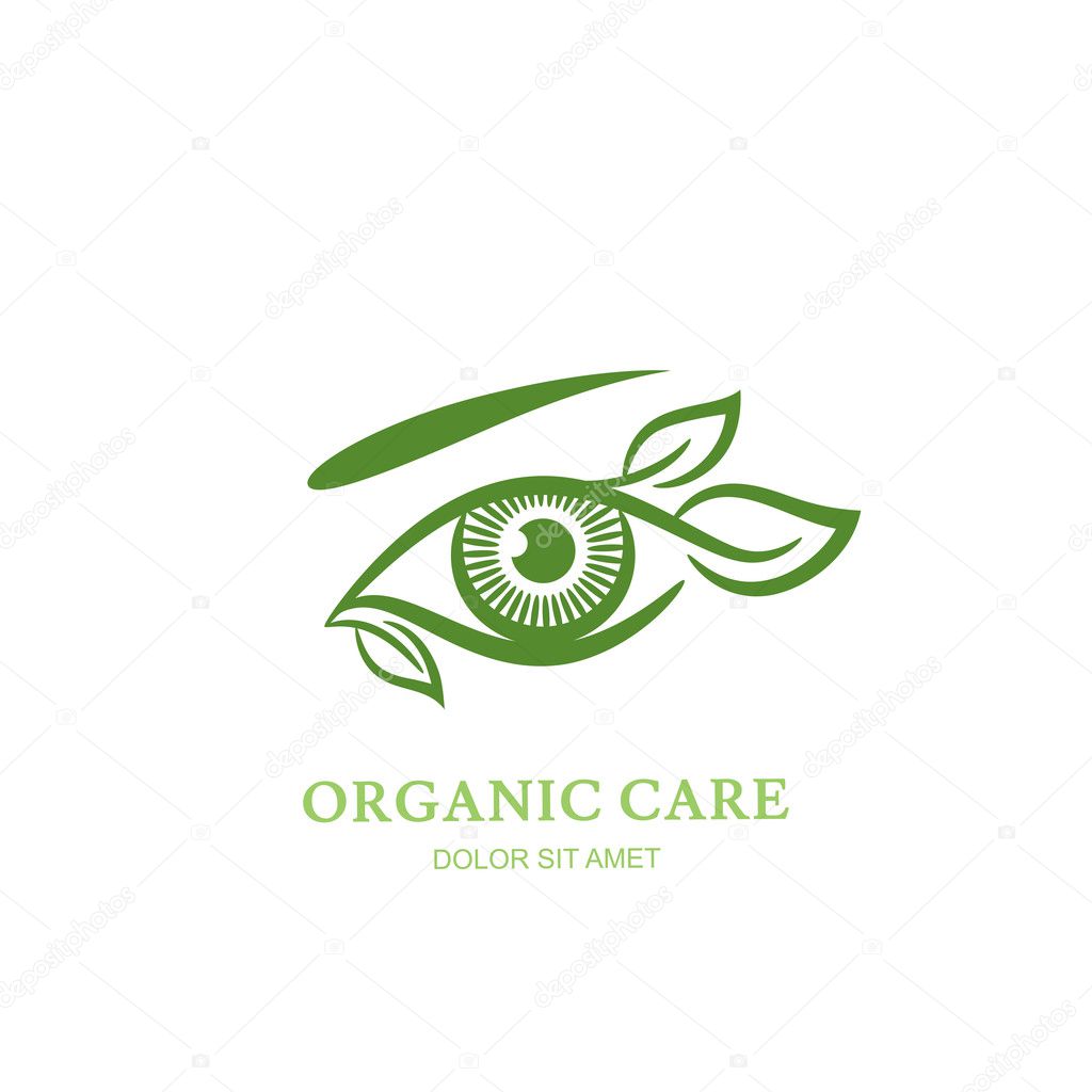 Ilustración de línea vectorial del ojo humano con hojas verdes. Elemento  diseño abstracto de insignia, sello o emblema. Concepto de óptica, tienda  de gafas, oculista, oftalmología, maquillaje. Cuidado orgánico natural.  Vector de, image size:1024x1024