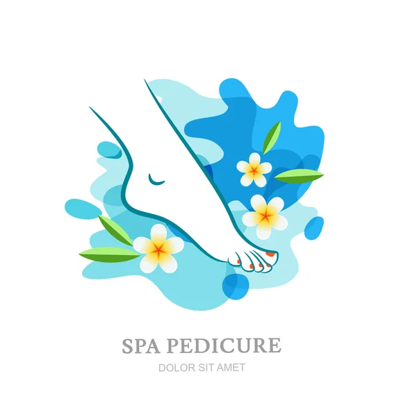 Female foot and flowers on water splash background. Vector logo, label, emblem design elements. Concept for beauty salon, spa pedicure, foot cosmetic, organic care. Isolated illustration. — Vettoriale Stock