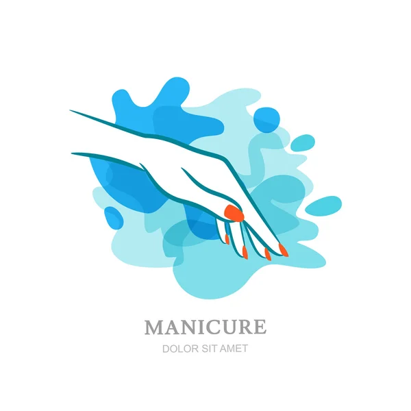 Main femme sur fond d’éclaboussure de l’eau. Logo vectoriel, étiquette, éléments de conception d’emblème. Concept pour salon de beauté, manucure, soins cosmétiques, bio et spa. Silhouette de main Womens, isolé. — Image vectorielle