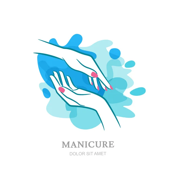 Female two hands in clean water splash. Vector logo, label, emblem design elements and backgrouns. Concept for beauty salon, manicure, womens hand  cosmetic, organic care and spa. — Stock Vector