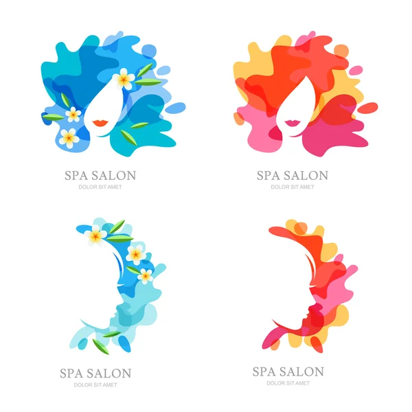 Vector logo, label, emblem set. Female face and flowers on water splash background. Design for spa, ayurveda, beauty salon, cosmetics, cosmetology. Womens hairstyle and haircut isolated illustration. — 스톡 벡터