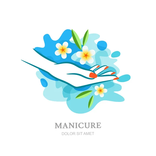 Womens hand and tropical flowers in clean water. Vector logo, label, emblem design elements and backgrounds. Concept for beauty salon, spa manicure, female hands cosmetic, organic care. — Stock vektor