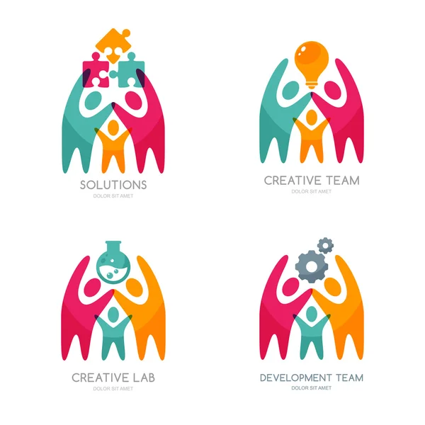 Set of vector human logo, icons or emblem. People with puzzle, light bulb, gear cog. Concept for business solutions, team building, consulting. Isolated color people and team work illustration. —  Vetores de Stock