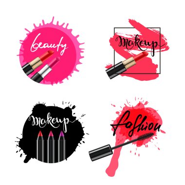 Set of vector labels, badges, banners with makeup cosmetic and lettering. Calligraphy words makeup, beauty, fashion and lipstick smears, isolated. Ink and watercolor backgrounds.