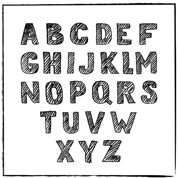 Vector hand drawn sketch alphabet. Ink scratched font. Hatching black letters, isolated on white background. — Vetor de Stock