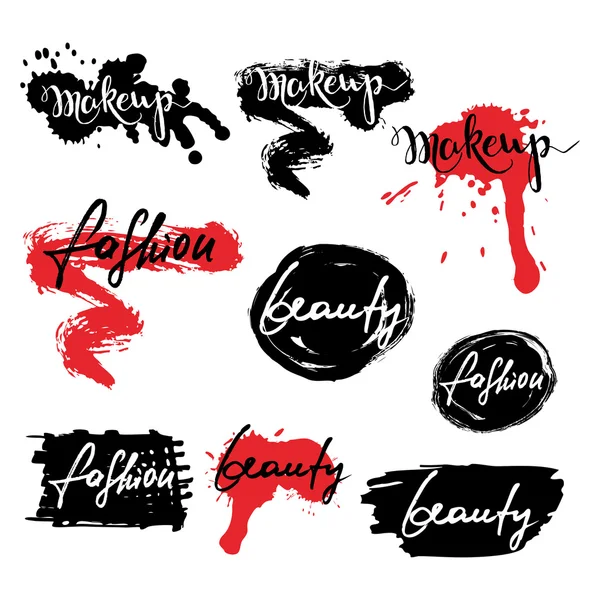 Set of vector labels, badges, banners with makeup lettering. Calligraphy words makeup, beauty, fashion and lipstick smears, isolated. Ink and watercolor backgrounds. — Vettoriale Stock