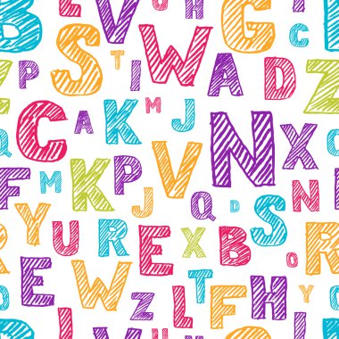Vector seamless pattern with color hand drawn sketch alphabet. Scratched and hatching letters. Design for fashion textile print, wrapping, web backgrounds. School or education theme.