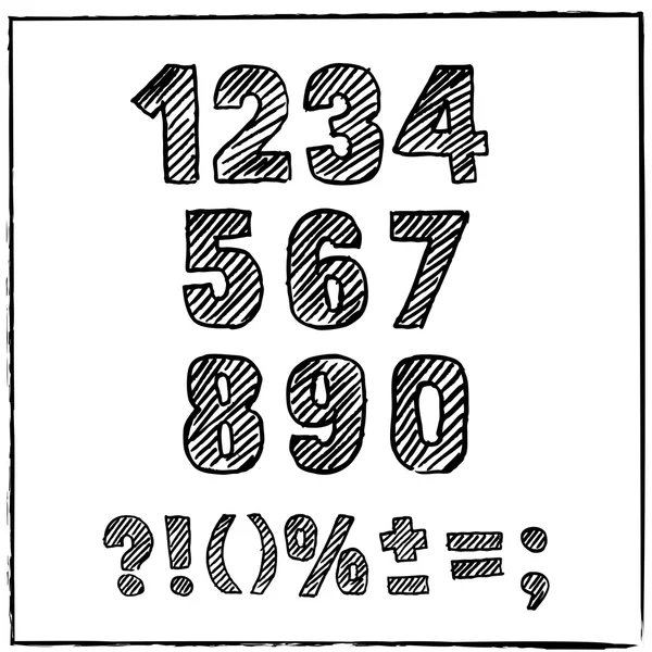 Vector hand drawn sketch numbers and signs. Ink scratched font. Hatching black numeral, isolated on white background. Arabic numerals 0, 1, 2, 3, 4, 5, 6, 7, 8 9 — ストックベクタ