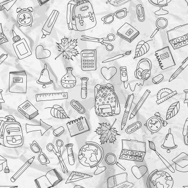 Vector seamless pattern with doodle school tools. Hand drawn outline school icons on white crumpled paper. Back to school vintage design.