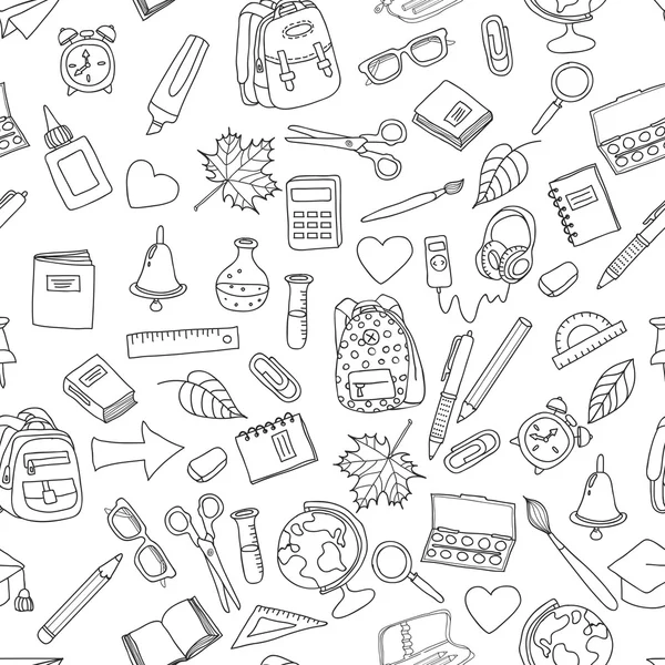 Vector seamless pattern with doodle school tools. Hand drawn outline school icons, isolated on white. Design for fashion print, wrapping, web backgrounds, school or education theme. — Stock vektor