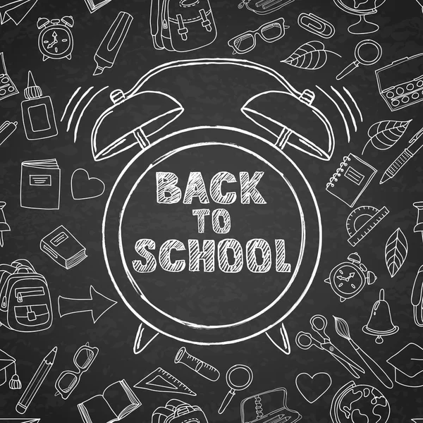 Back to school vector sketch lettering and hand drawn watercolor alarm clock. Black board background with outline doodle school supplies icons. Design for poster, banner, school or education theme. — 图库矢量图片