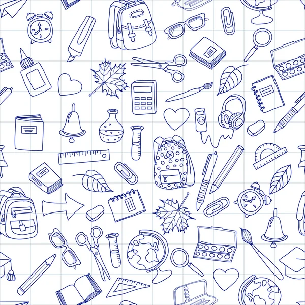 Vector seamless pattern with doodle school tools. Hand drawn school icons. Back to school illustration on school notebook sheet of paper. Design for fashion print, wrapping, web backgrounds. — Vettoriale Stock