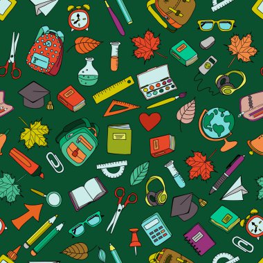 Vektör Dikişsiz desen renk ile okul araçları doodle. El okul simgeler yeşil arka plan üzerinde çekilmiş. Tasarım moda için baskı, ambalaj, web arka planlar, okul veya eğitim Tema.