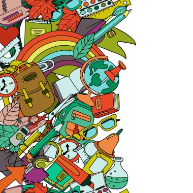 Vektör okul afiş, poster arka plan metin için yer ile başa. Dikey sorunsuz arka plan üzerinde beyaz izole doodle renkli okul malzemeleri ile. Eğitim kavramı.