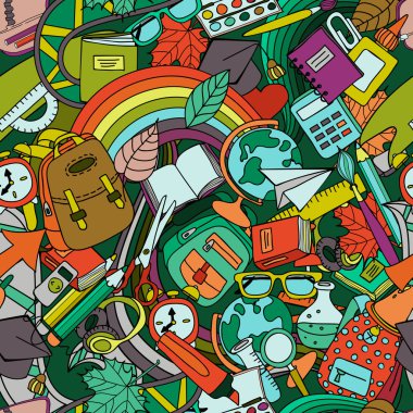 Vektör okul seamless modeli. Renk doodle eğitim ve okul malzemeleri. El moda Tekstil baskı için çizilmiş yaratıcı tasarım, ambalaj kağıdı, web arka planlar.