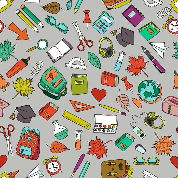 Vector multicolore transparente motif avec les outils de l’école de doodle. Jeu d’icônes école dessinés à la main. Conception pour la mode d’impression, emballage, milieux web, thème école ou de l’éducation. — Image vectorielle