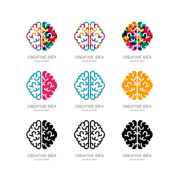 Set of vector brain logo, sign, emblem design elements. Outline color human brain isolated symbol. Concept for business solutions, high technology, development and innovation, creativity. —  Vetores de Stock